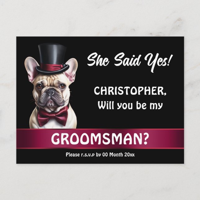 Postal Propuesta groomsman bulldog francés mascota tuxedo (Anverso)