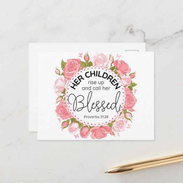Postal Proverbios 31:28 Flores rosadas del Día de la Madr (Anverso/Reverso In Situ)