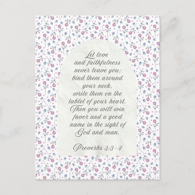 Postal Proverbios 3:3–4 Escritura Floral (Anverso)