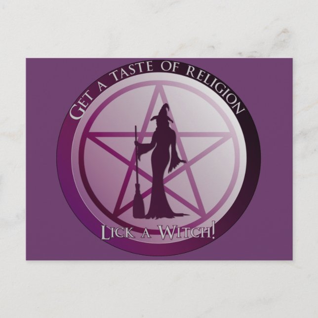Postal Pruebe a la religión. ¡Lame a una bruja! (Anverso)
