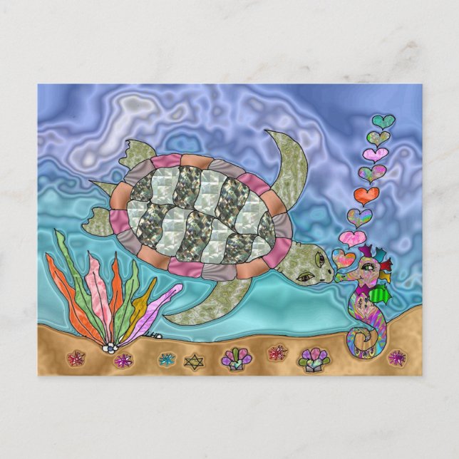 Postal Psicodelia Mar Turtle Seahorse Art (Anverso)