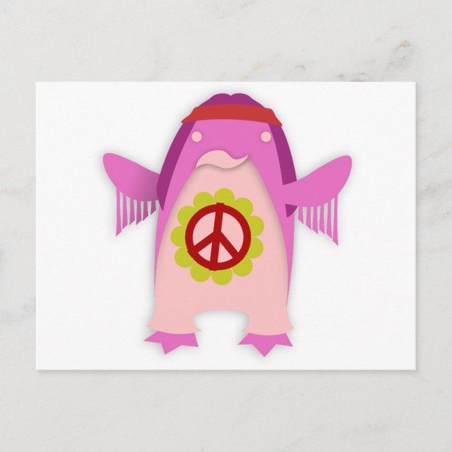 Postal Psicodelia rosada de Pingüino Hippie (Anverso)