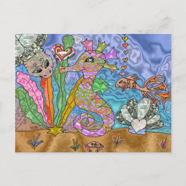 Postal Psicodelia Seahorse Sea Turtle Art (Anverso)