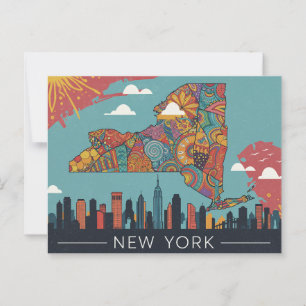 Postal Psicodélico Mapa de Nueva York   Ciudad vibrante y