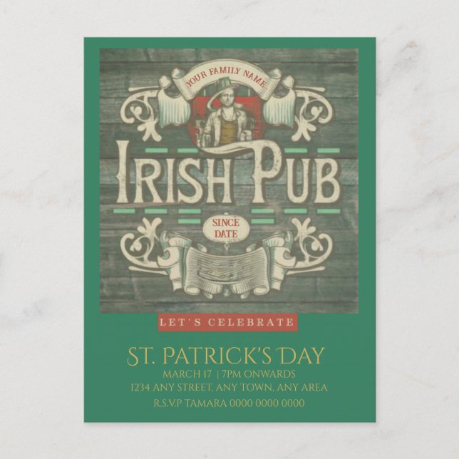 Postal Pub irlandés personalizado del Día de San Patricio (Anverso)
