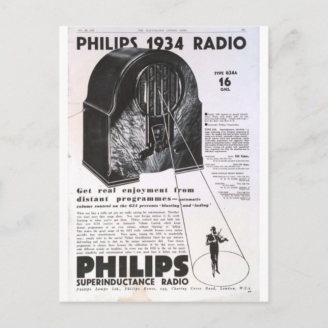 Postal Publicidad de radio retro de Philips 1934 (Anverso)