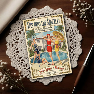 Postal Publicidad de trajes de baño chic al borde de la p