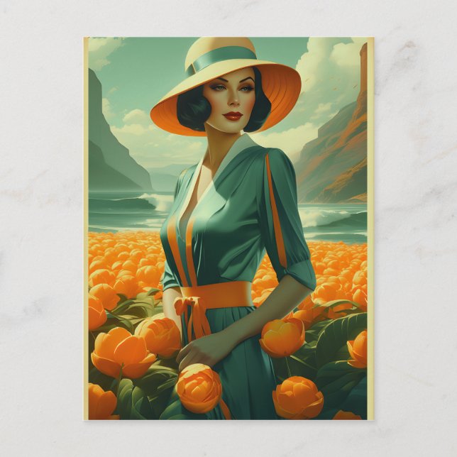 Postal publicitaria de moda vintage (Anverso)