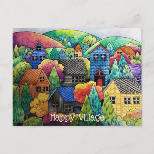 Postal Pueblo Acuarela De La Colina Con Casas Coloridas