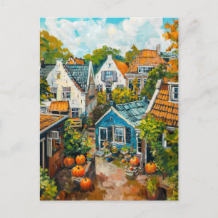 Postal Pueblo de otoño con calabazas y cabañas Pintura