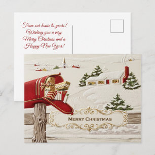 Postal Pueblo invernal vintage con buzón rojo