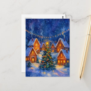 Postal Pueblo Mágico de Navidad Noche Festiva con Acuarel