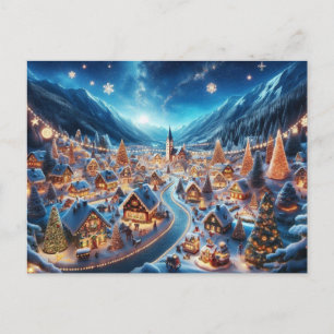 Postal Pueblo navideño acogedor nevado de noche