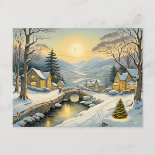 Postal Pueblo navideño idílico con río y puente