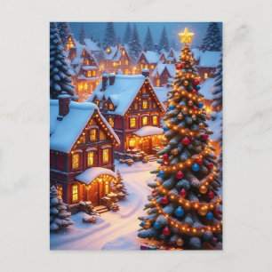 Postal ❄️ Pueblo navideño nevado luminoso 🎄 Árbol invern