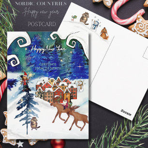 Postal Pueblo Nórdico Luces Boreales Pintado a Mano