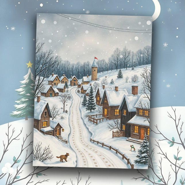 Postal Pueblo Snowy de Invierno Escenario Serene (Snowy village scene on nostalgic Winter postcard, charming old fashioned town with peaceful street)