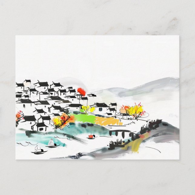 Postal Pueblo tradicional chino en las montañas (Anverso)