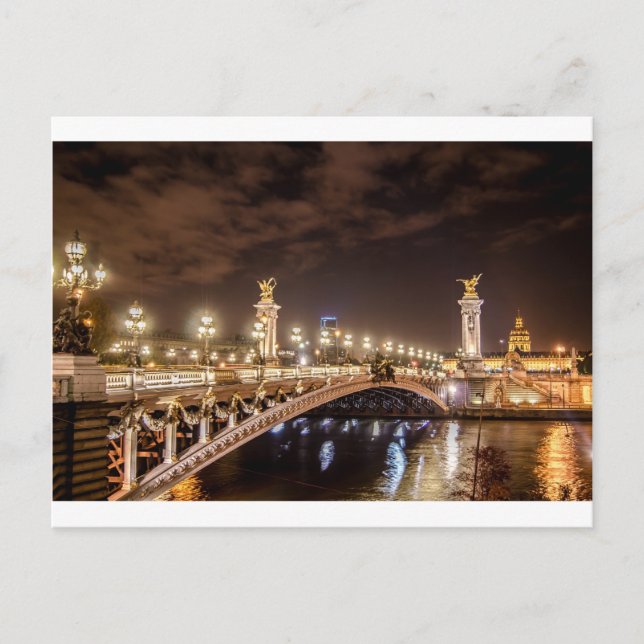 Postal Puente Alejandro 3 en París, Francia de noche (Anverso)