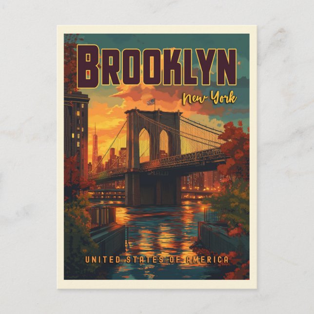 Postal Puente de Brooklyn al amanecer - Un viaje vintage  (Anverso)