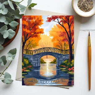 Postal Puente del parque de otoño   Acuarela de follaje d