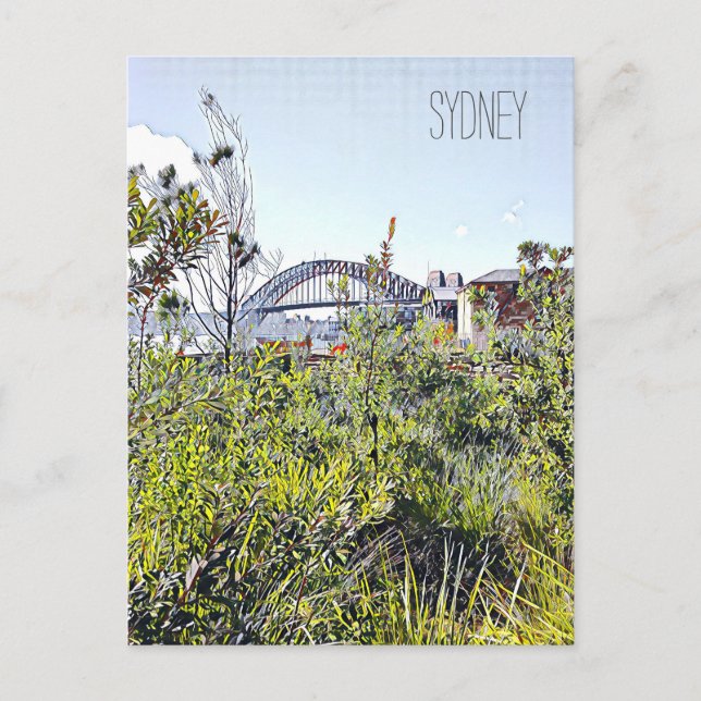 Postal Puente del puerto de Sydney con plantas nativas (Anverso)