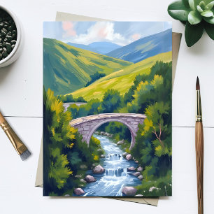 Postal Puente del río de montaña Paisaje acuarela verde