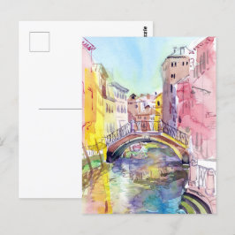 Postal Puente en Venecia, Italia. Arte de pintura en colo