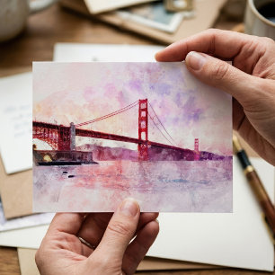 Postal Puente Golden Gate Acuarela al Atardecer
