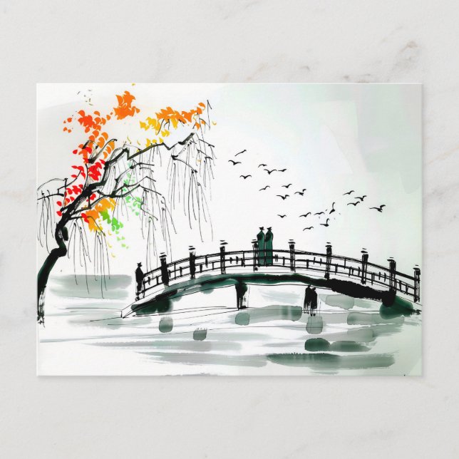 Postal Puente por un estanque en un jardín tranquilo (Anverso)