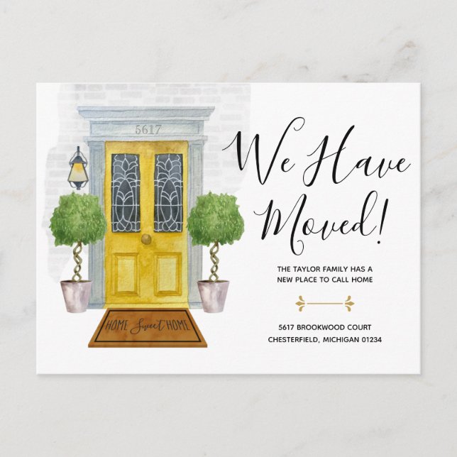 Postal Puerta Amarilla Nueva dirección que hemos movido I (Anverso)