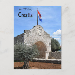 Postal Puerta Antigua y bandera en Nin Croacia