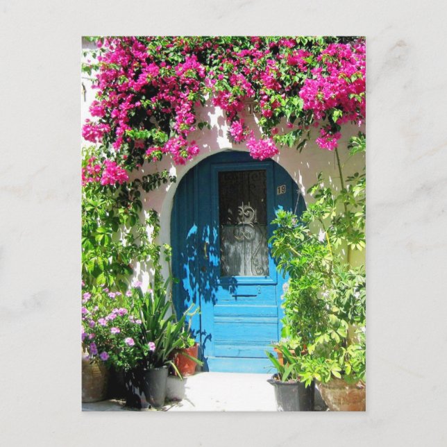 Postal Puerta azul enmarcada con bonitas buganvillas (Anverso)