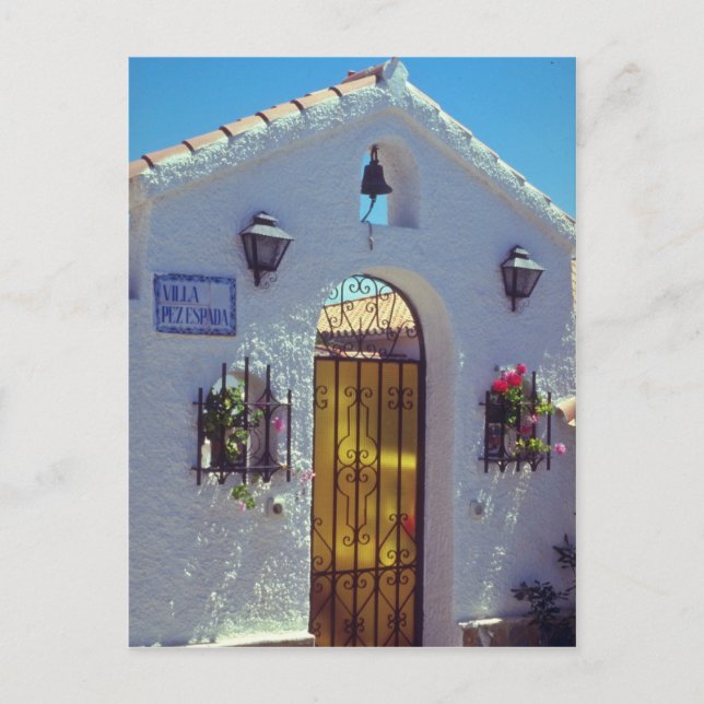 Postal Puerta de estilo español rojo, flores de Marbella (Anverso)