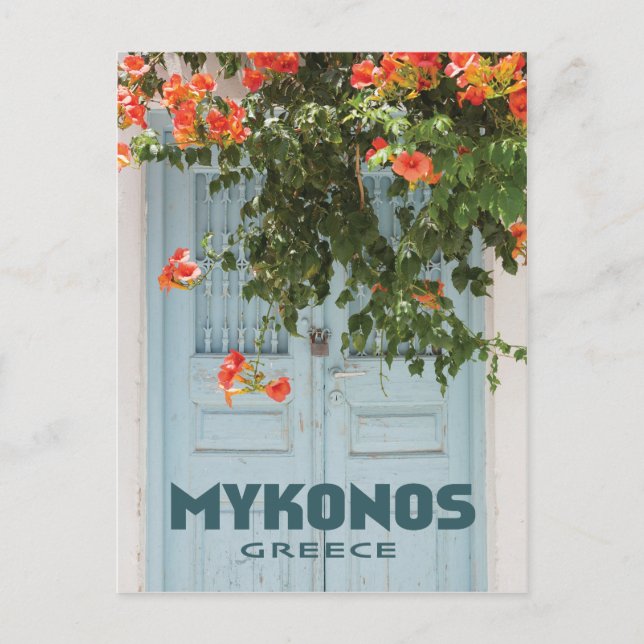 Postal Puerta de Grecia de Mykonos con flores (Anverso)