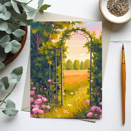 Postal Puerta de Jardín | Flores Rosas Acuarela Botánica