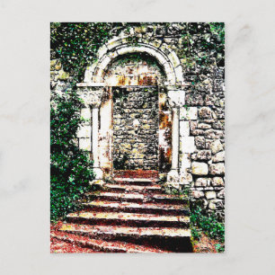 Postal Puerta de rock y escaleras en el castillo morisco