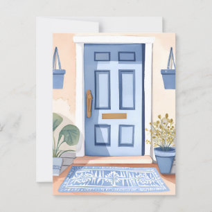 Postal Puerta Frontal Azul Pintura en Acuarela de Casa