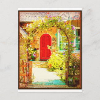 Postal Puerta roja con puerta floral