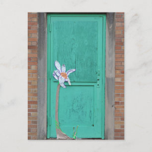 Postal Puerta Turquesa con Flor de Papel para Cualquier O