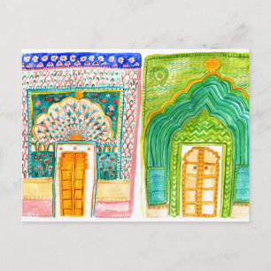 Postal Puertas de pavo real acuarela Palacio de la ciudad