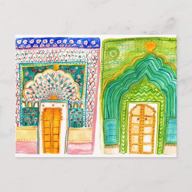 Postal Puertas de pavo real acuarela Palacio de la ciudad (Anverso)