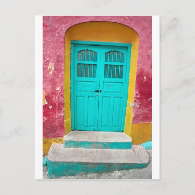 Postal Puertas verdes que pintan la entrada de madera (Anverso)