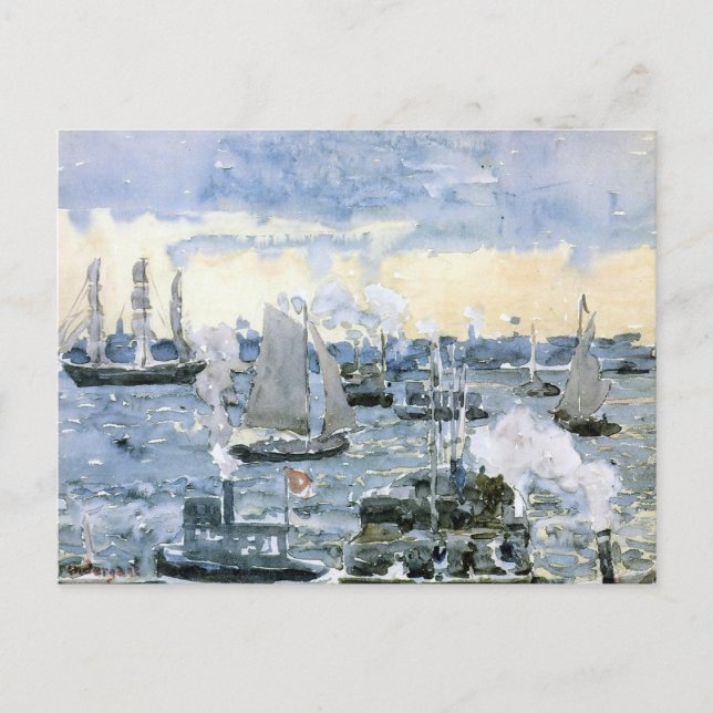 Postal Puerto de Boston, pintura artística fina, (Anverso)
