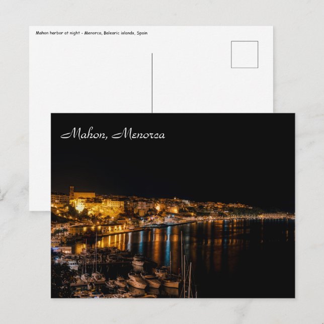 Postal Puerto de Mahón de noche - Menorca, España (Anverso / Reverso)