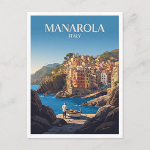 Postal Puerto de Manarola y casas coloridas en el acantil