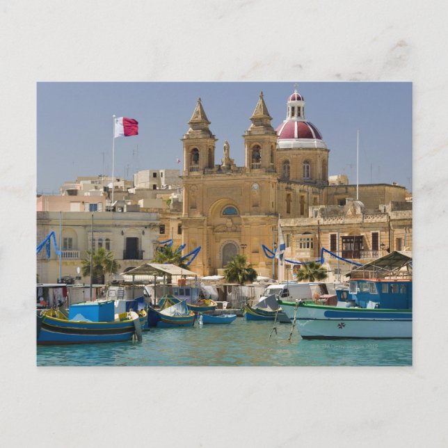 Postal Puerto de Marsaxlokk en la isla del Mediterráneo (Anverso)