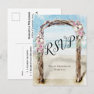 Postal Puerto de playa de Driftwood con Rosas Boda RSVP