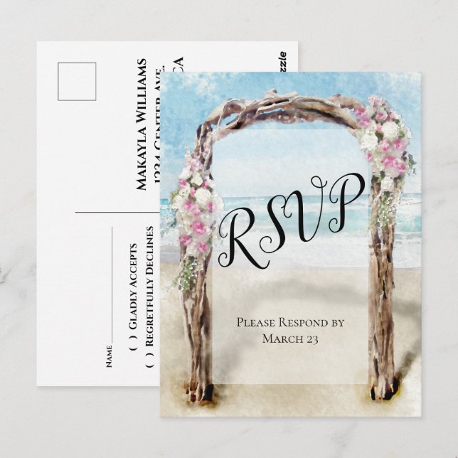 Postal Puerto de playa de Driftwood con Rosas Boda RSVP (Anverso / Reverso)