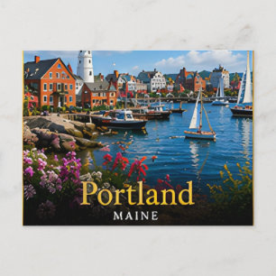 Postal Puerto de Portland Maine, faros y Nueva Inglaterra